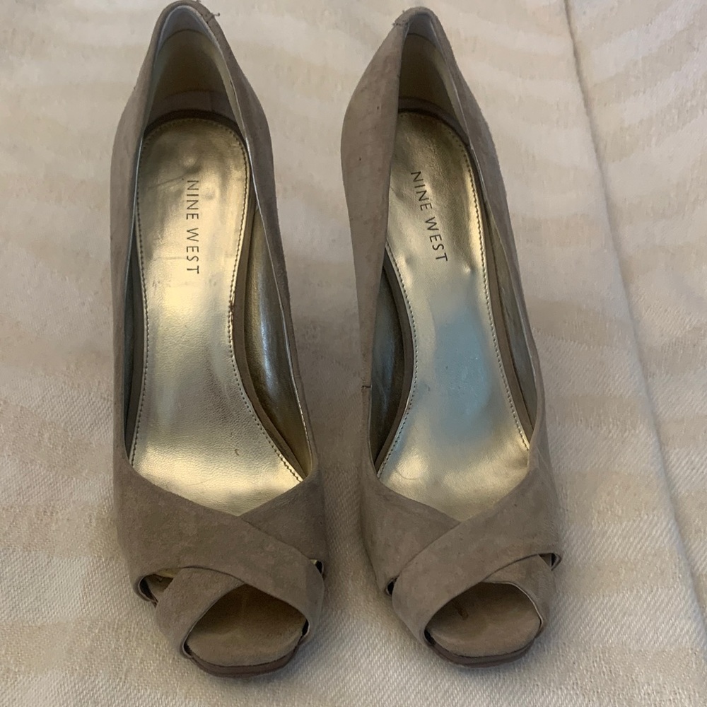 Nine West Tan Suede Peep Toe Heels
